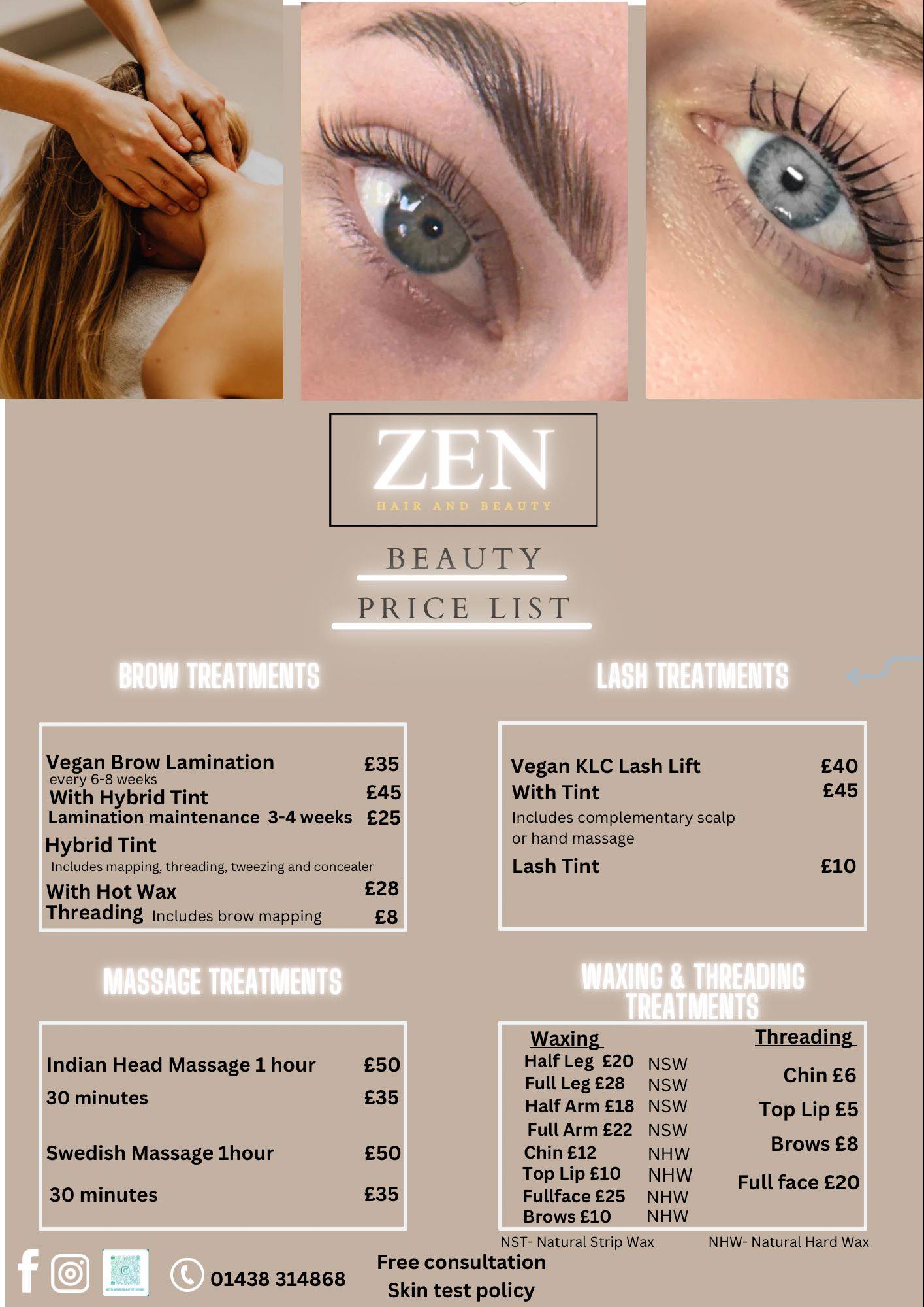 Price List for Beauty treatments